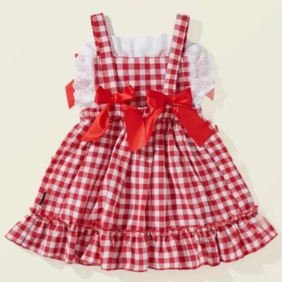 Girls Red Plaid Sleeveless Ruffle Dress - Picture 5 of 6
